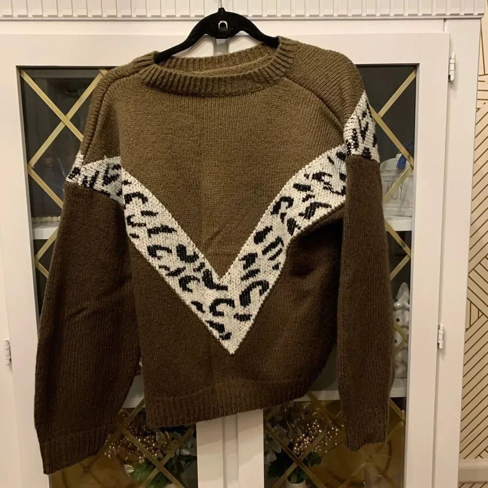 Leopard & Chevron Pattern Drop Shoulder Sweater - Picture 4 of 8